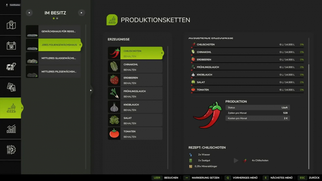 FS25 Greenhouse Plus mod interface showcasing production chains and crop details like chili peppers.