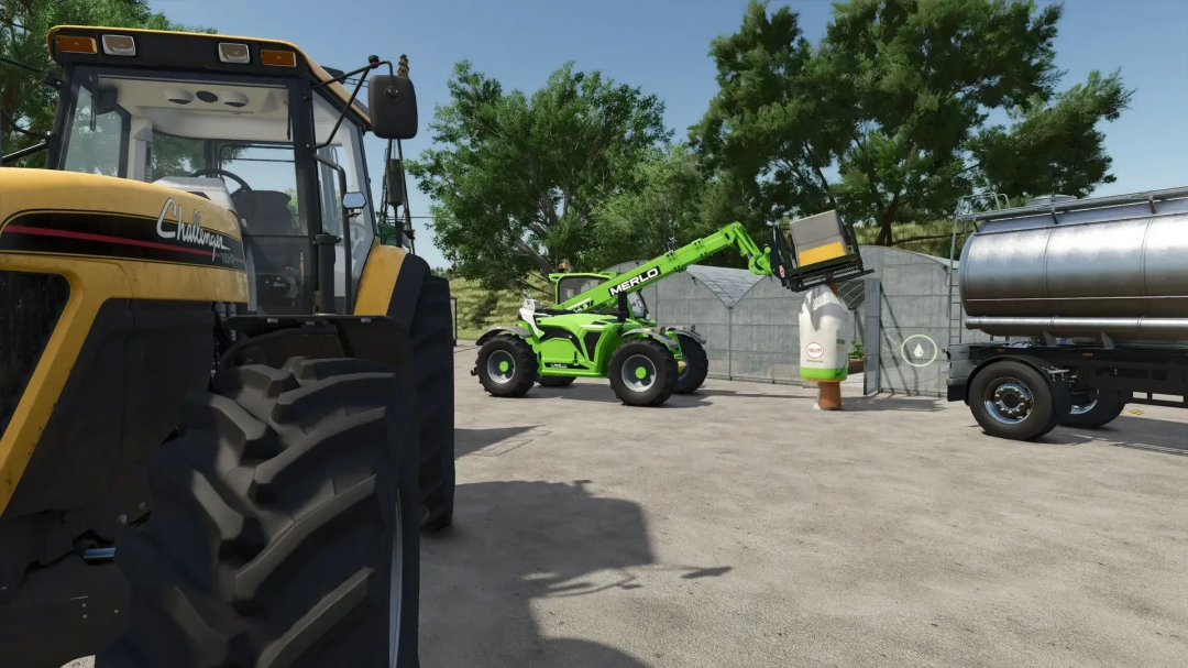 FS25 Greenhouse Plus mod showing tractor and telehandler near greenhouse.