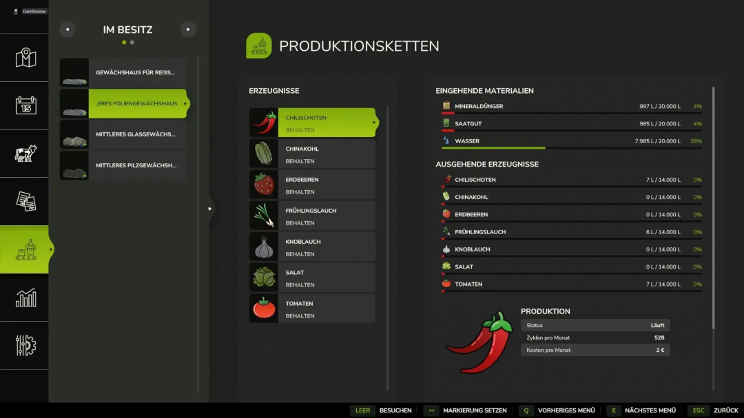 FS25 Greenhouse Plus mod menu showing production chains, crops, and materials.