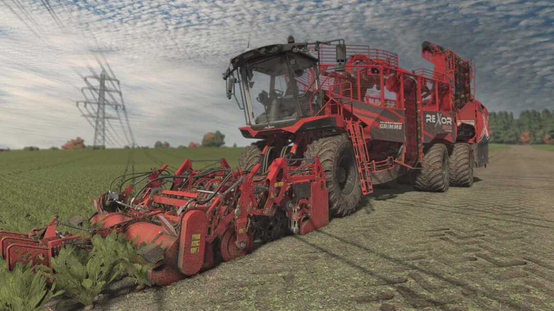 Mod Grimme Raxor 6300 Blackhawk en FS22 cosechando cultivos en un campo.