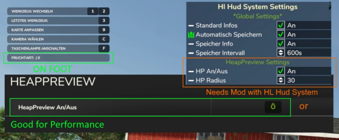 FS25 Heap Preview v0.8.6.0 mod settings interface showing HUD options and performance note.