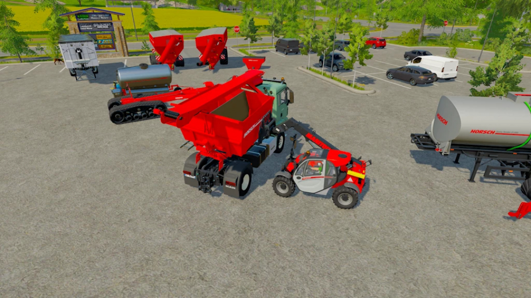 FS22 mods: Horsch Tools Pack 1.0.0.0 featuring red farming equipment in a parking area.