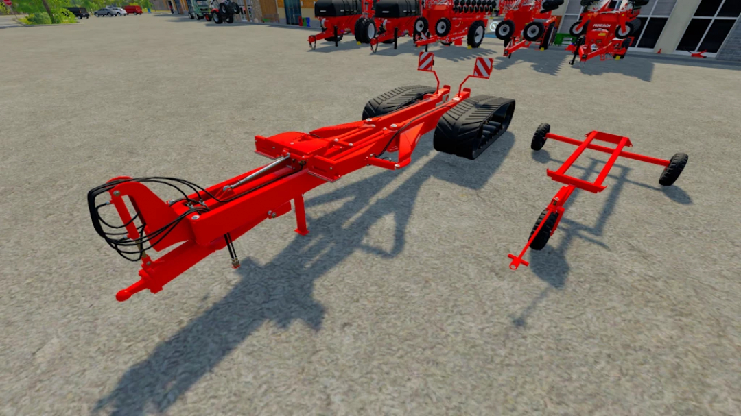 FS22 mods Horsch Tools Pack 1.0.0.0 showcasing various red farming implements on a cement surface.