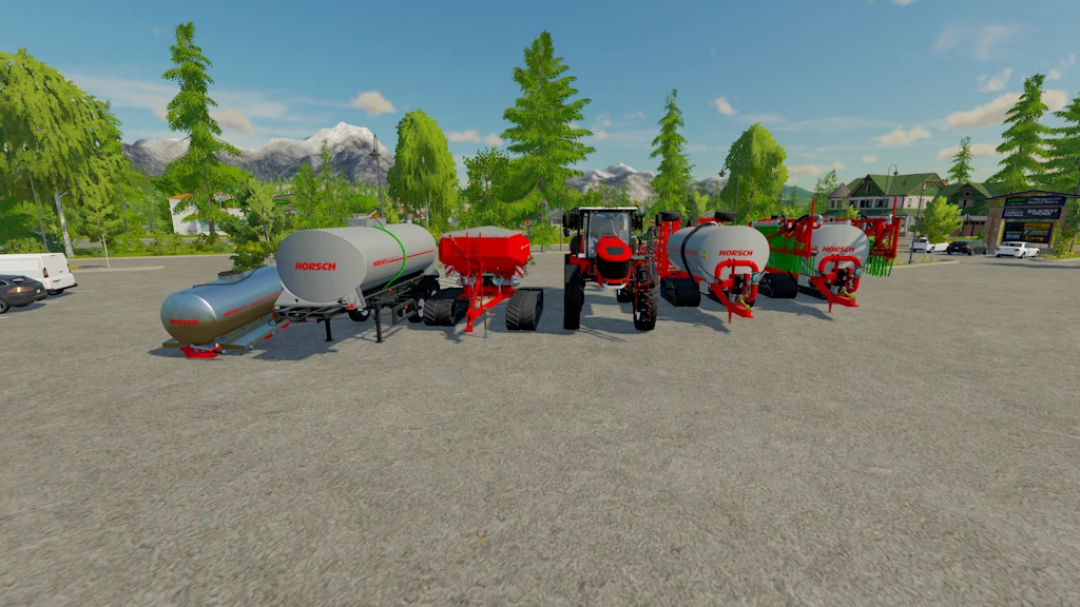 FS22 mods - Horsch Tools Pack 1.0.0.0 showcasing various farming equipment in a parking area, including tankers and tractors.