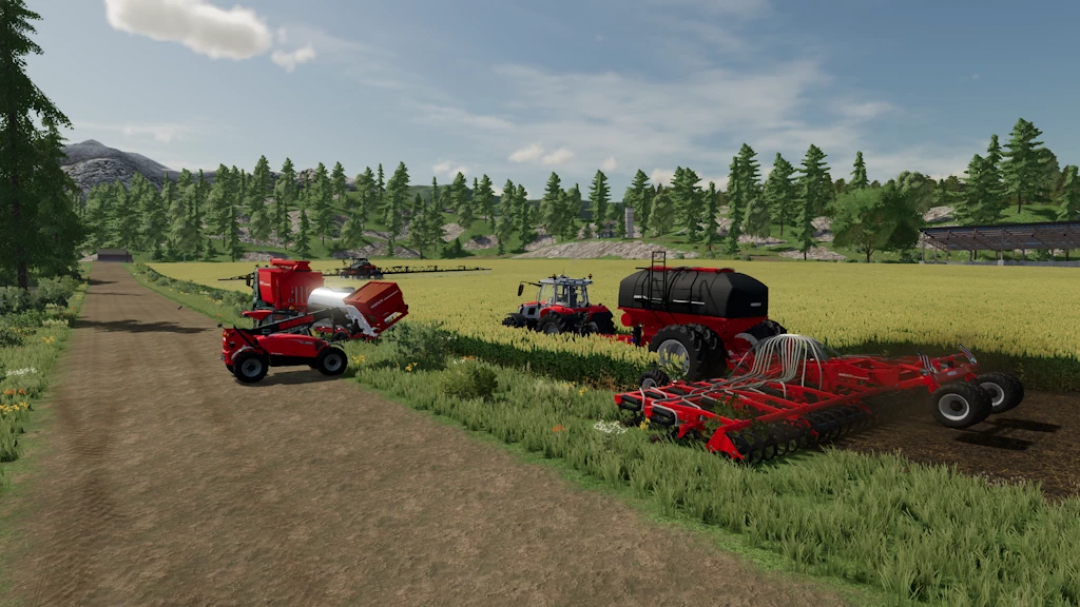 Horsch Tools Pack 1.0.0.0 mod in Farming Simulator 22 showcasing red farming equipment in a field.