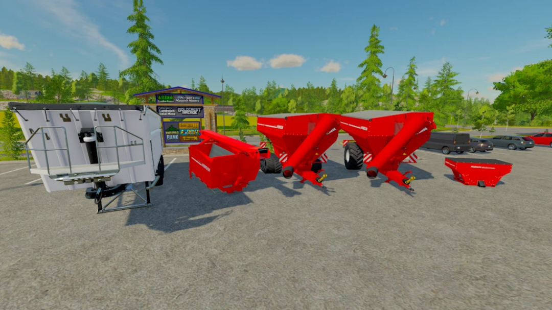 FS22 mods: Horsch Tools Pack 1.0.0.0 featuring red and white agricultural equipment parked on a lot in Farming Simulator 22.