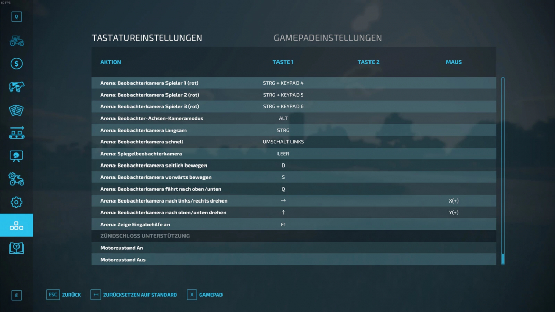 FS22 mod Ignition Lock Support v1.0.0.0 keyboard settings screenshot showing controls for various camera angles.