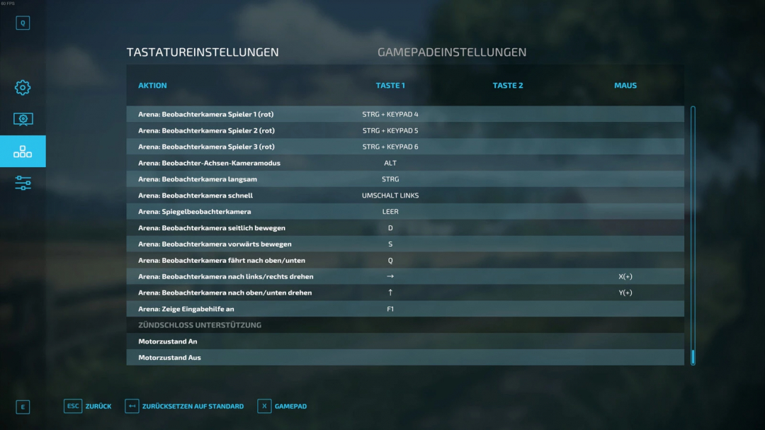 FS22 ignition lock support mod settings screen displaying key bindings in German for Farming Simulator 22 mods.