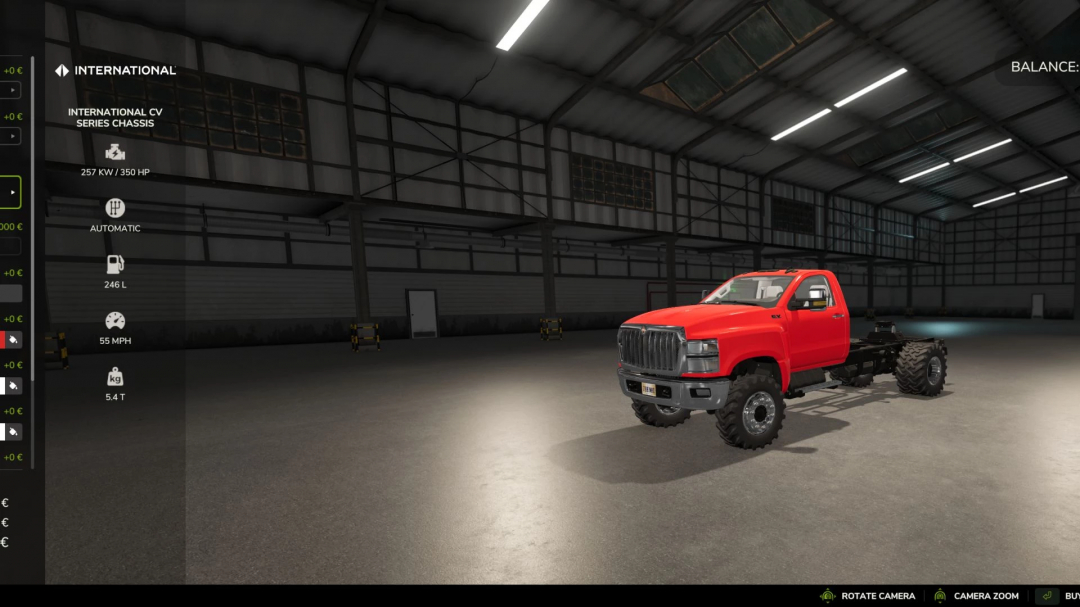 FS25 mod: International CV Series Chassis v1.0.0.0, featuring a red truck in a garage with specs displayed, including 350 HP and automatic transmission.