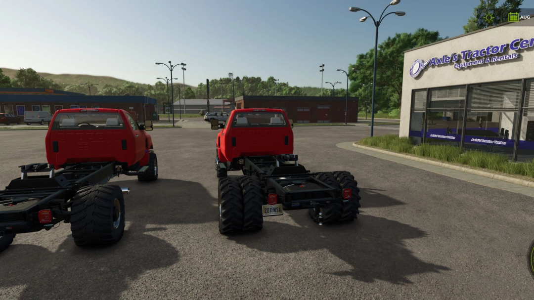 FS25 mod: Two red International CV Series chassis parked outside Axle's Tractor Center.