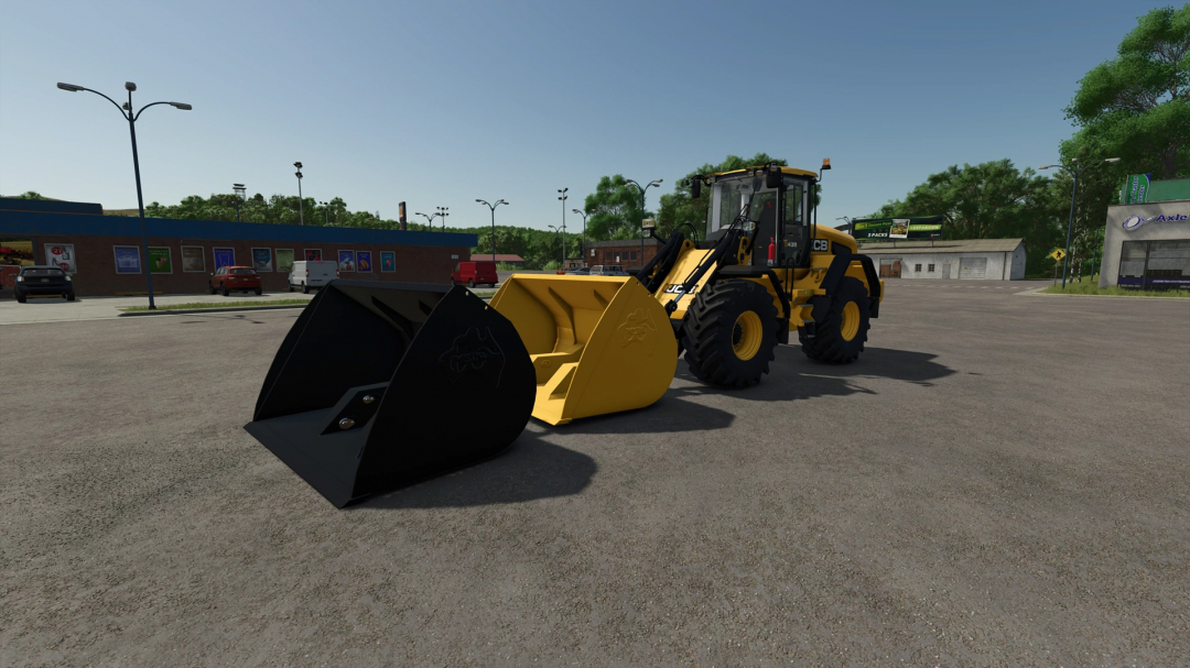 JCB WheelLoader Pack HD mod in FS25 features a yellow wheel loader with attachments on a road.