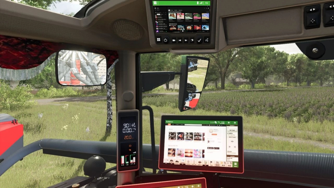 Interior of John Deere 6R tractor in FS25 mod, featuring digital controls and screens with farm fields outside.