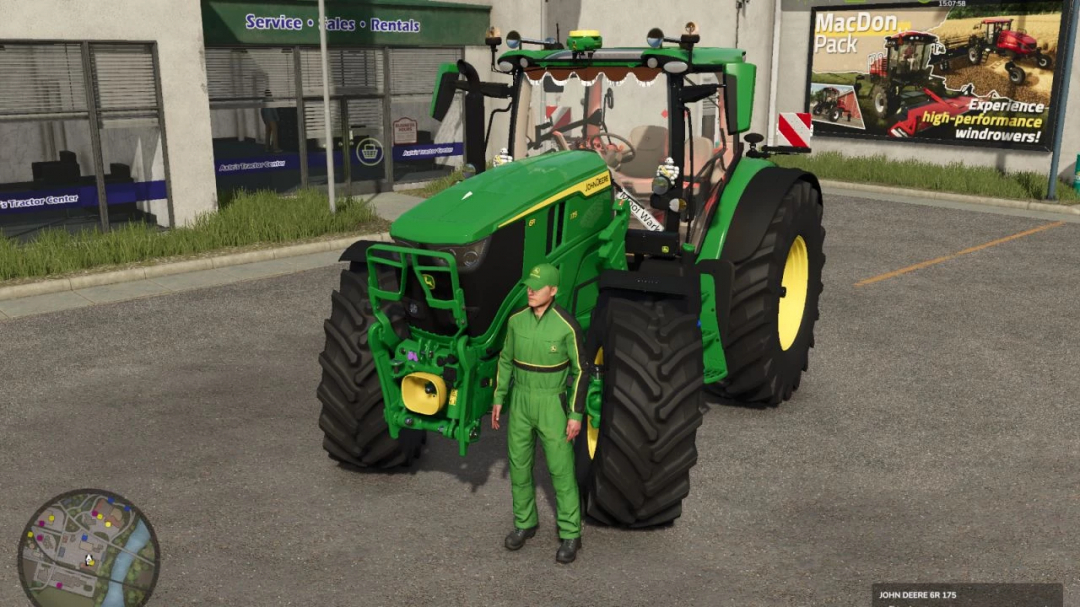 John Deere 6R Large Frame nel mod FS25, parcheggiato davanti a un centro assistenza.