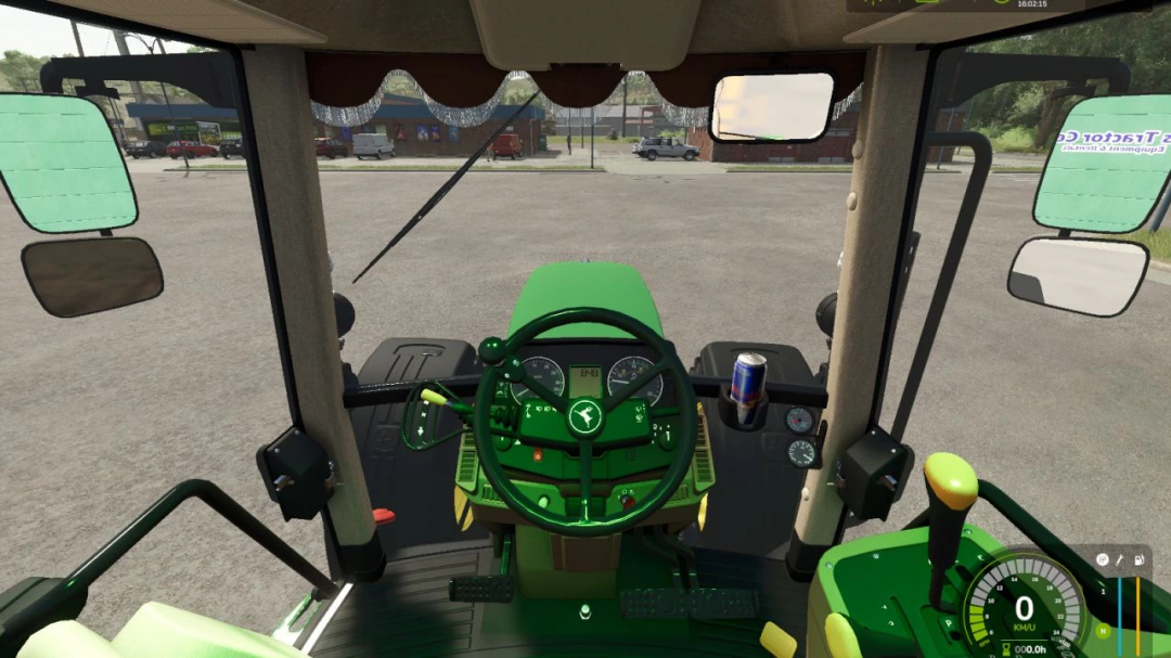 Binnenaanzicht van de John Deere 7010 Series tractor mod in FS25, met gedetailleerd dashboard en bedieningen.