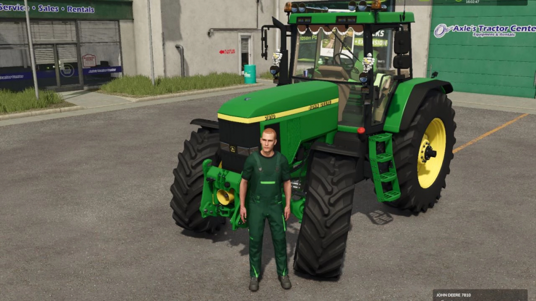 John Deere 7010 Serie tractormod in FS25 met een personage ervoor bij een dealer.