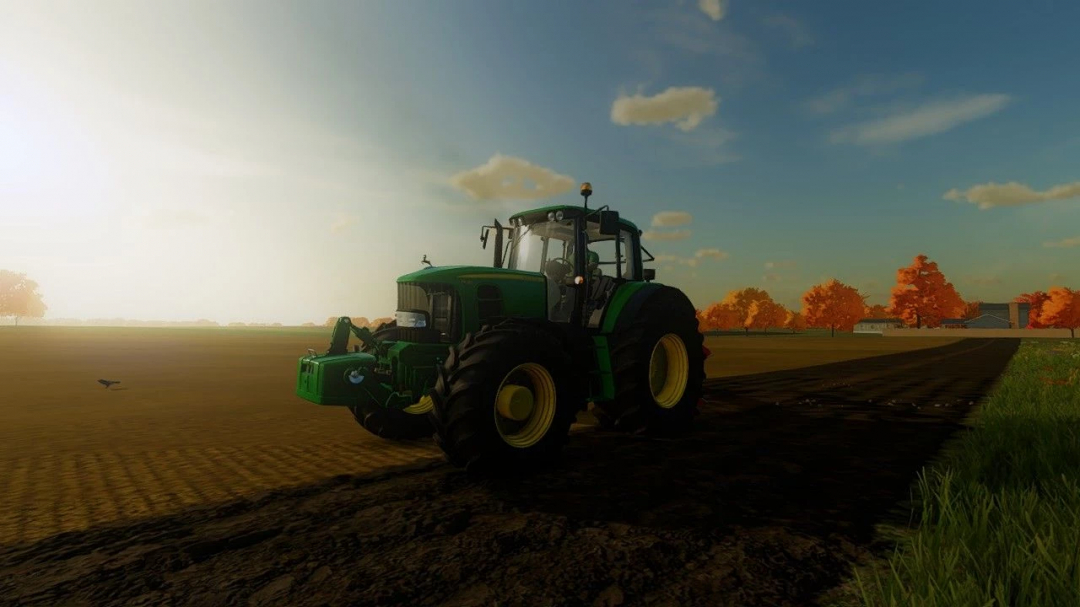 Mod del trattore John Deere 7030 in FS22, che guida su una strada di campagna con fogliame autunnale.