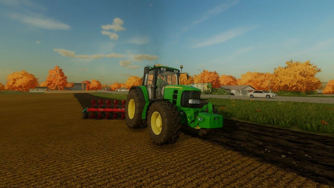 FS22 mod trattore John Deere 7030 che ara un campo in autunno