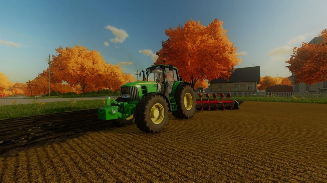 FS22 mod John Deere 7030 Edit v1.0.0.0 trattore in un campo con alberi autunnali in Farming Simulator 22.