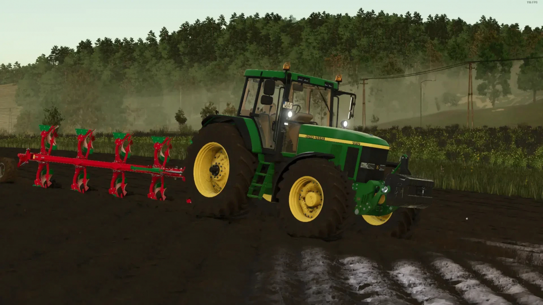 Mod John Deere 7810 arando un campo en FS25, mostrando sonido y paisaje realistas.