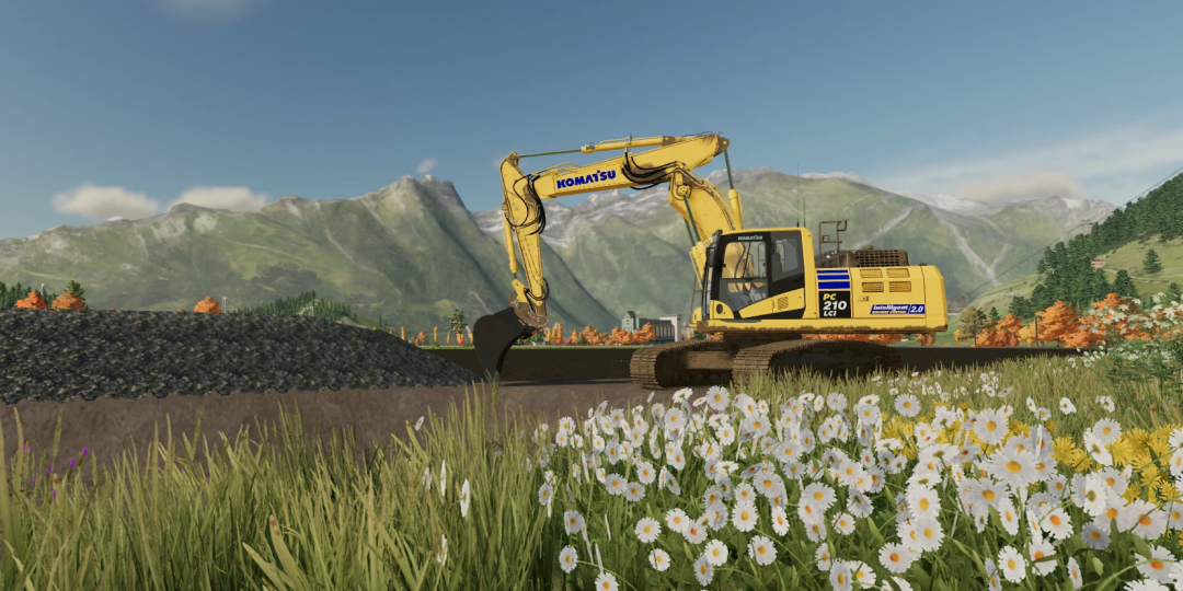 Mod FS22 Komatsu PC210-11 VA escavadora em cenário montanhoso pitoresco com flores silvestres.