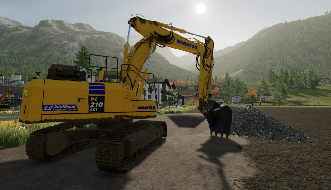 Mod de escavadeira Komatsu PC210-11 VA no FS22, exibido em uma paisagem montanhosa pitoresca.