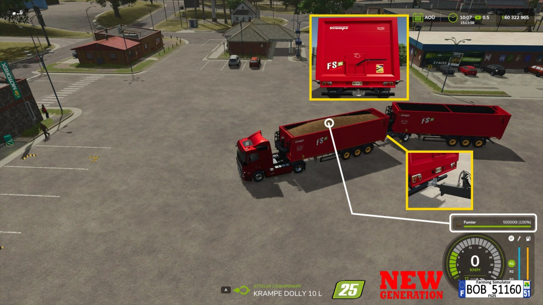 FS25 mod Krampe SKS 30 150 New Generation v1.0.0.0 in Farming Simulator 25 shows a red truck trailer with detailed loading data.