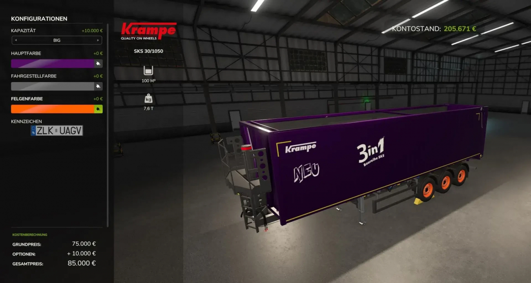 FS25 mod Krampe SKS30/150 v1.0.0.1 trailer customization screen with color options and price details.