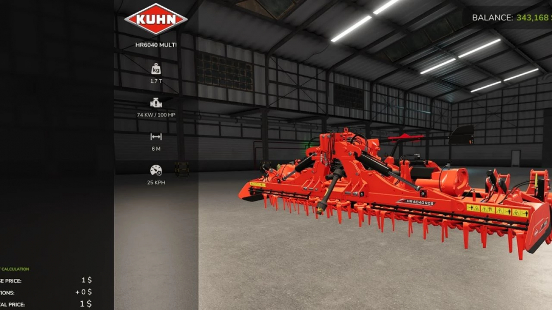 FS25 mod Kuhn HR 6040 Multi in a virtual garage. Features: 74 kW, 1.7 T weight, 6M width. Farming Simulator 25 mod.