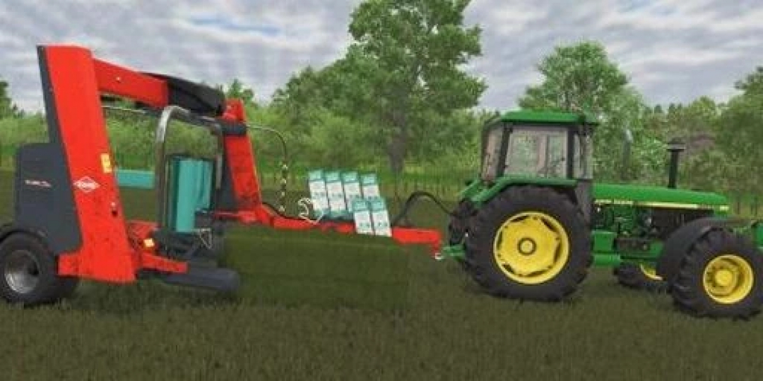 Kuhn SW 4014 Fast mod in FS25, showing a tractor attaching a bale wrapper on a grassy field.