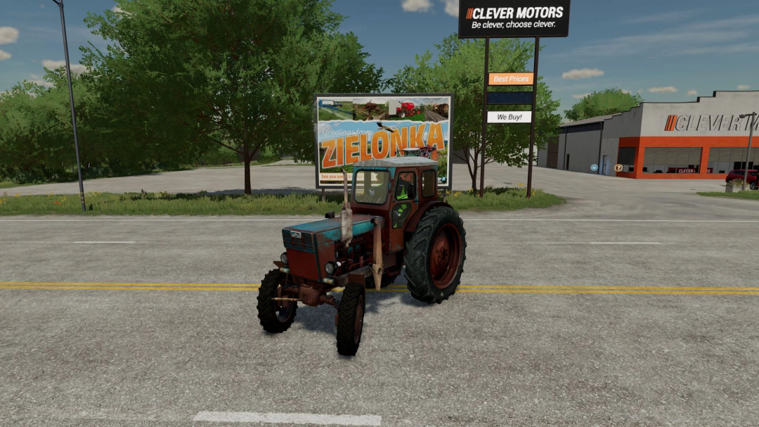 LTZ T-40 Old tractor mod in FS22 outside Clever Motors dealership.