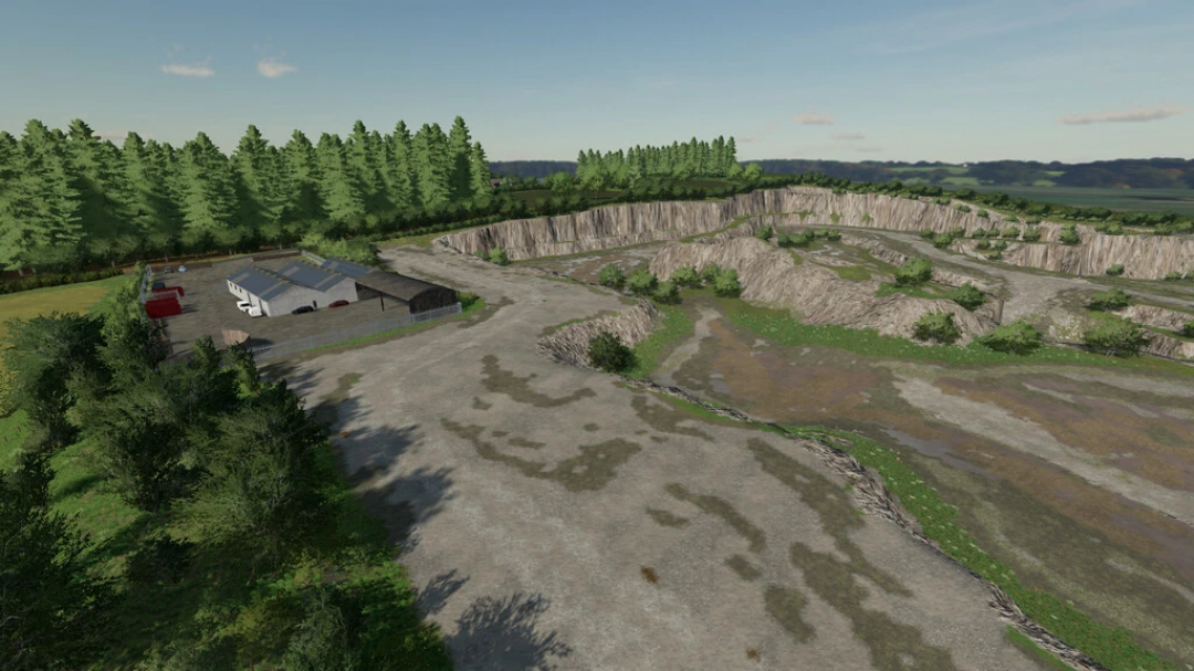 FS22 mods, scenic view of Ladyhill Map v1.1.0.0 with quarry and buildings, surrounded by dense forest in Farming Simulator 22.