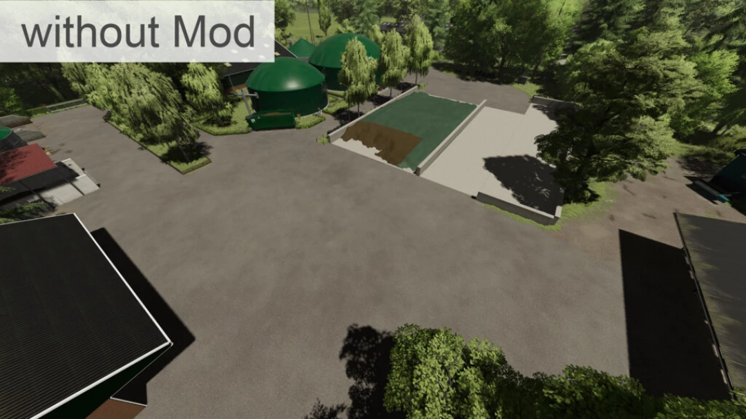 FS22 Large Groundstains mod not applied, showing a clean farmyard in Farming Simulator 22.