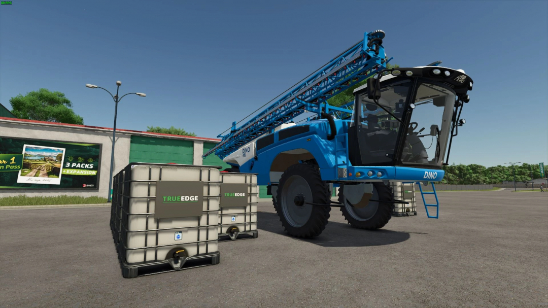 FS25 mod Liquid Lime v1.2.4.0 featuring a blue farming vehicle and liquid lime containers.