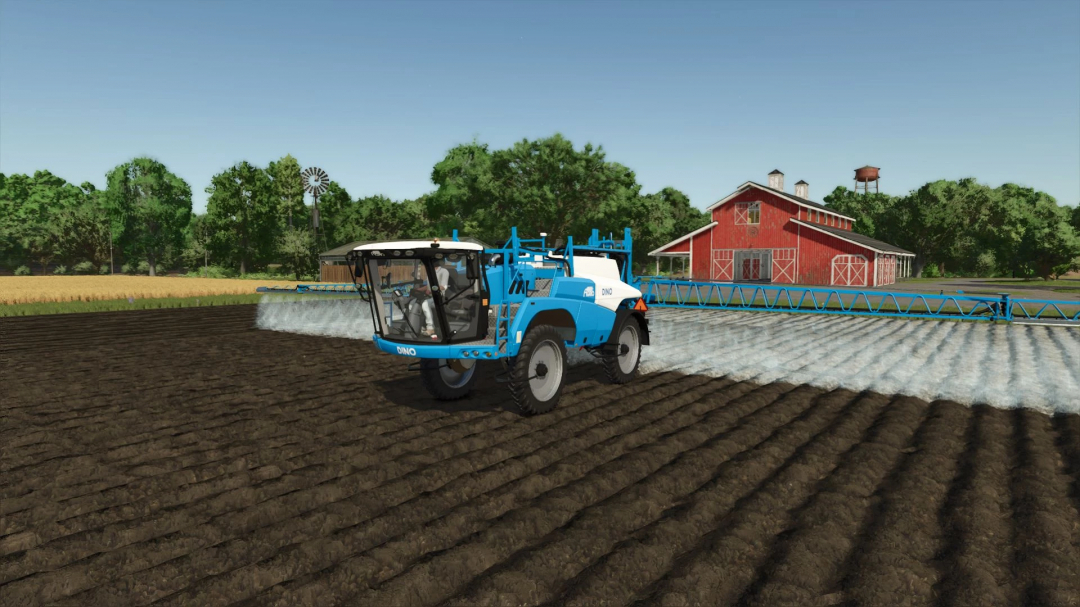 FS25 mod Liquid Lime v1.2.4.0: Blue sprayer applying lime on a field with a red barn in the background.