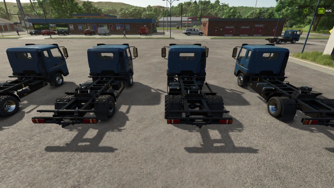 Four Lizard Dragon Chassis trucks in FS25 mod, parked in a row on a plaza.