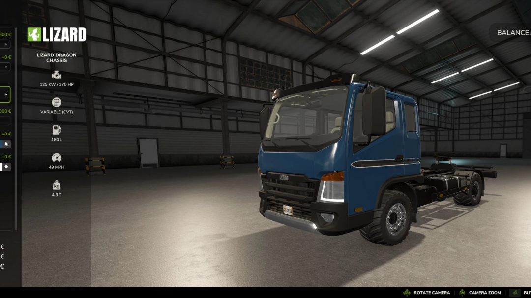 FS25 mod Lizard Dragon Chassis v1.0.0.0 with blue truck in garage; features include 125 kW, 180 L fuel capacity.