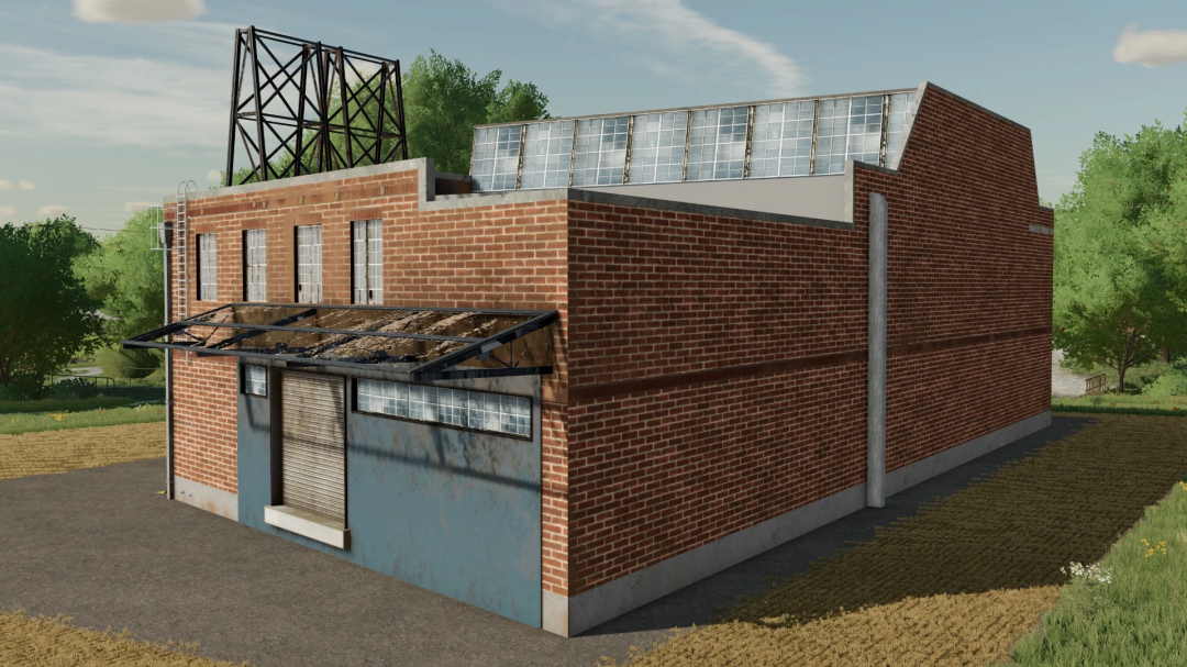 Los Santos Customs-mod voor FS22 toont een gedetailleerd bakstenen gebouw.