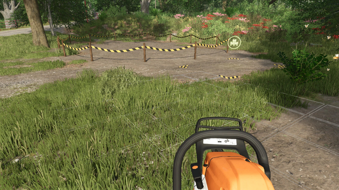 FS25 mod Lumber Jack v1.0.0.0, showing a chainsaw on a grassy terrain with marked logging area in Farming Simulator 25.