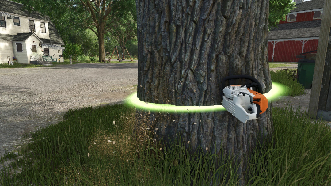 Chainsaw cutting a tree in FS25 Lumber Jack mod, showcasing realistic gameplay mechanics.