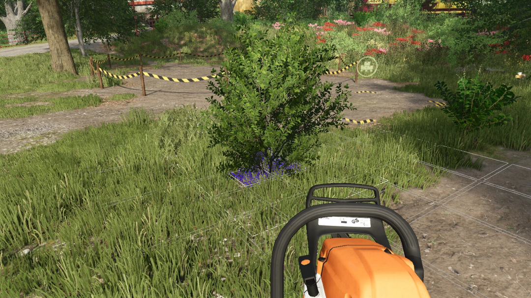 FS25 mod Lumber Jack v1.0.0.0 features a chainsaw near a bush with marked cutting area.