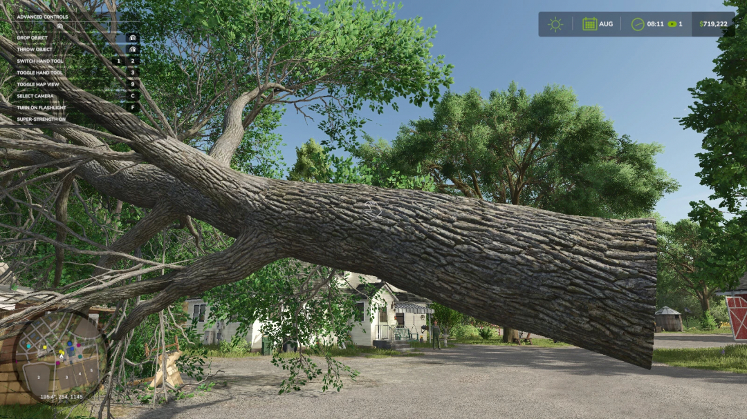 Large fallen tree in FS25 Lumber Jack mod, enhancing woodcutting gameplay features.