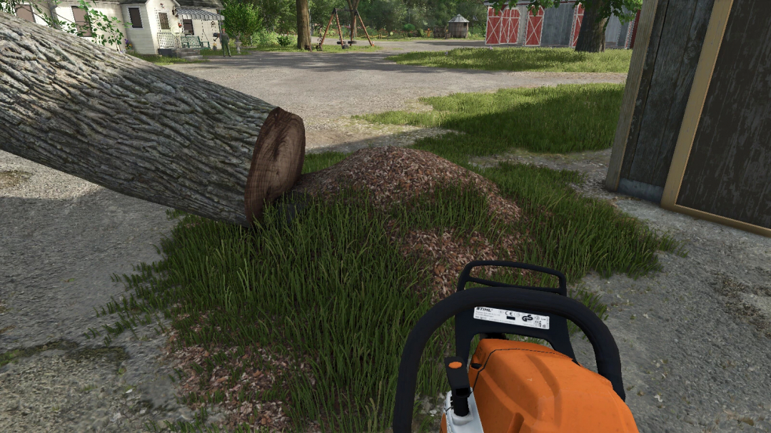 Lumber Jack mod in FS25 showing chainsaw and a felled tree on grass.