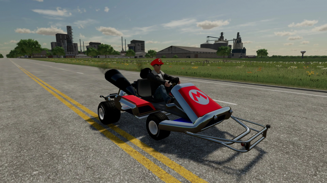 Mod de Mario Kart no FS22 mostrando um kart em uma estrada rural.