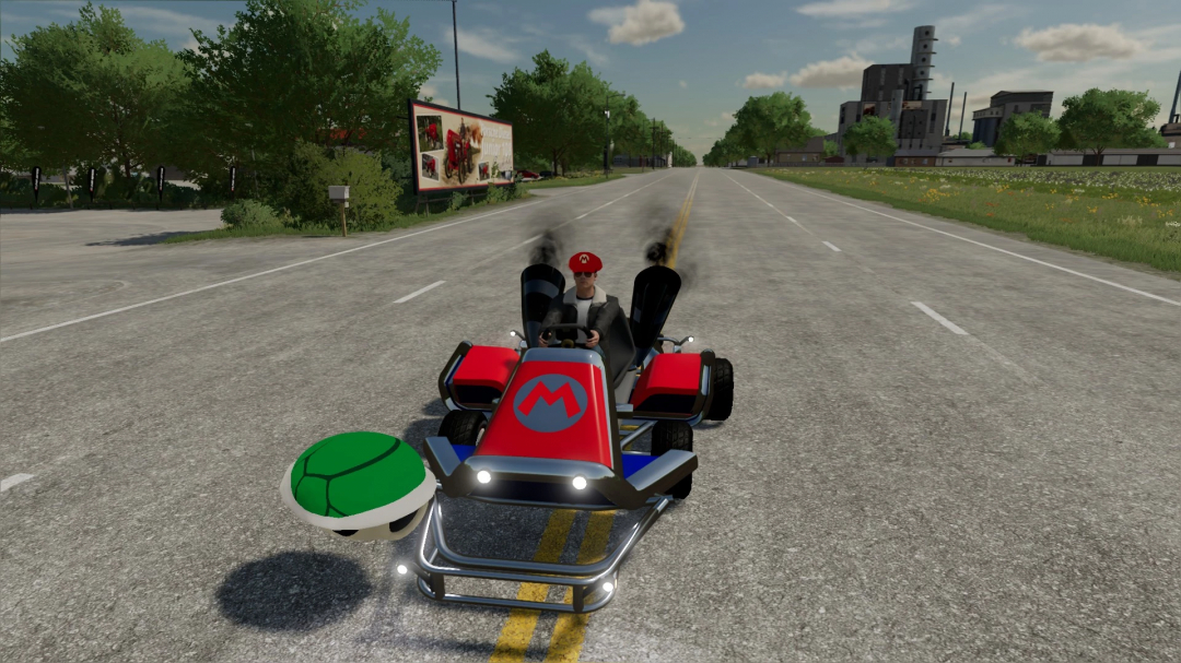 Mod FS22 Mario Kart v1.1.0.0 com kart de corrida e casco verde na estrada, mods de Farming Simulator 22.