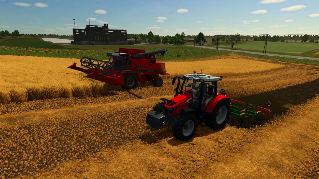 Massey Ferguson 5700S Edit v1.0.0.0 in a wheat field, FS25 mods in Farming Simulator 25, featuring a red tractor and harvester.