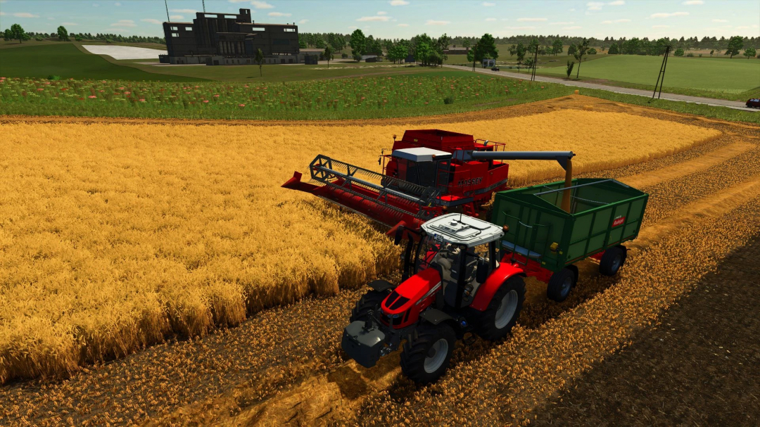 Massey Ferguson 5700S mod harvesting wheat in FS25, with a red combine and green trailer.