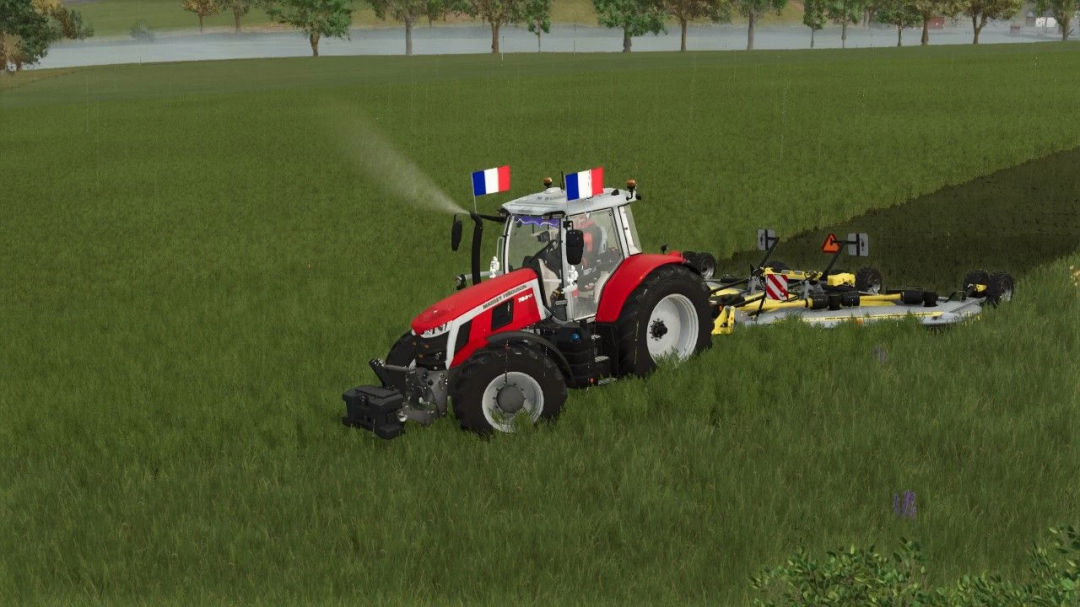 Massey Ferguson 7S Edit tractor mod in FS25, mowing a lush green field.