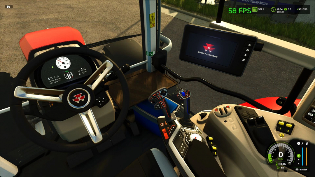 FS25 mod Massey Ferguson 7S Edit v1.0.0.0 tractor interior with steering wheel and controls.