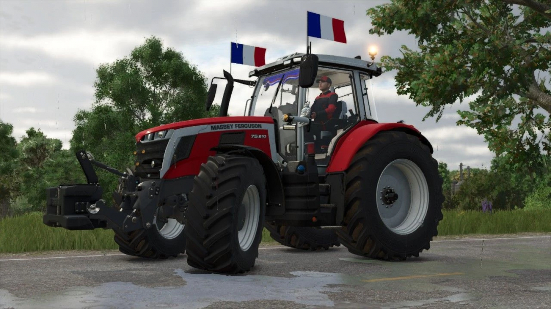 Massey Ferguson 7S tractor mod with flags in FS25. Enhancements in Farming Simulator 25 mods for optimal performance.