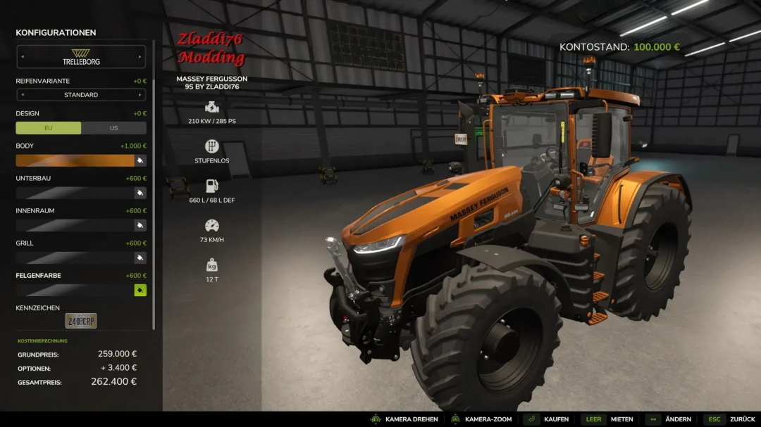 FS25 mod Massey Fergusson 9S v1.0.0.0 in a garage with customization options displayed.